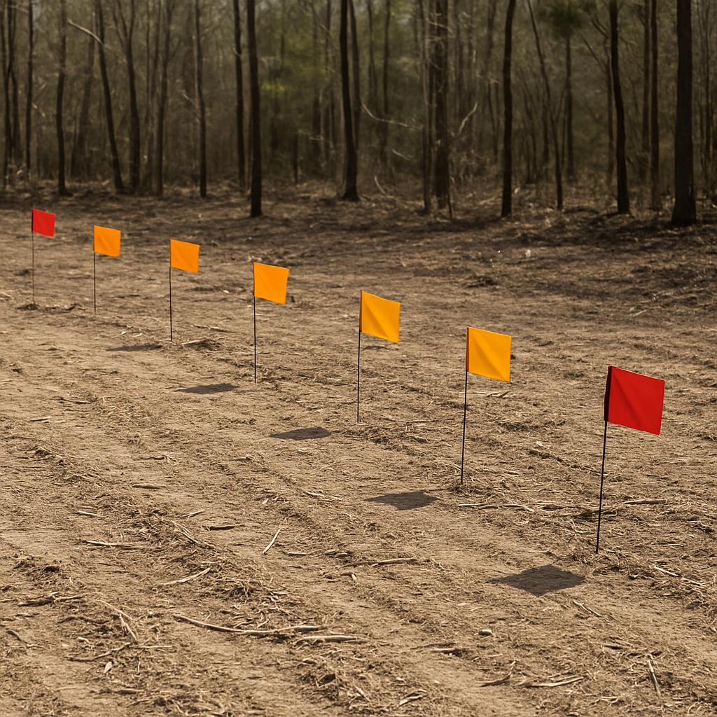 Line of small flags in a row, flag is mostly red, details of flags are disputed.