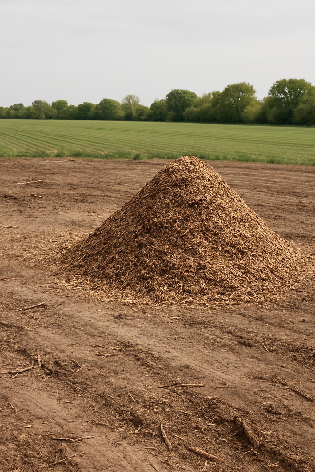 A pile of chopped wood chips on a dirt field with a green field and trees in the background.