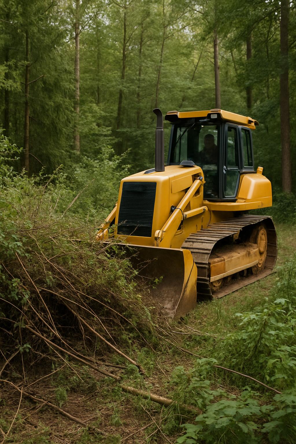 The image shows a yellow bulldozer, also known as a crawler tractor, clearing a path through a dense forest. **Alt Text:**...