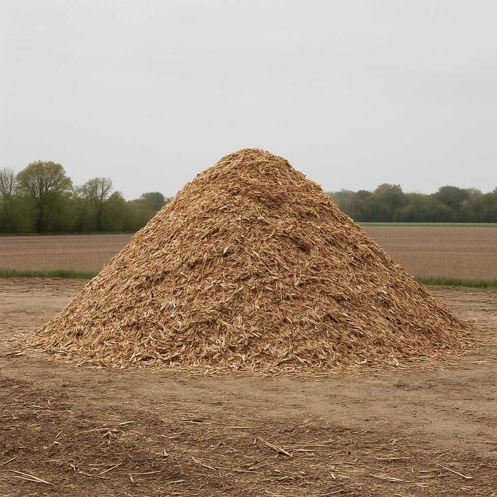 A large pile of wood chips in a field.